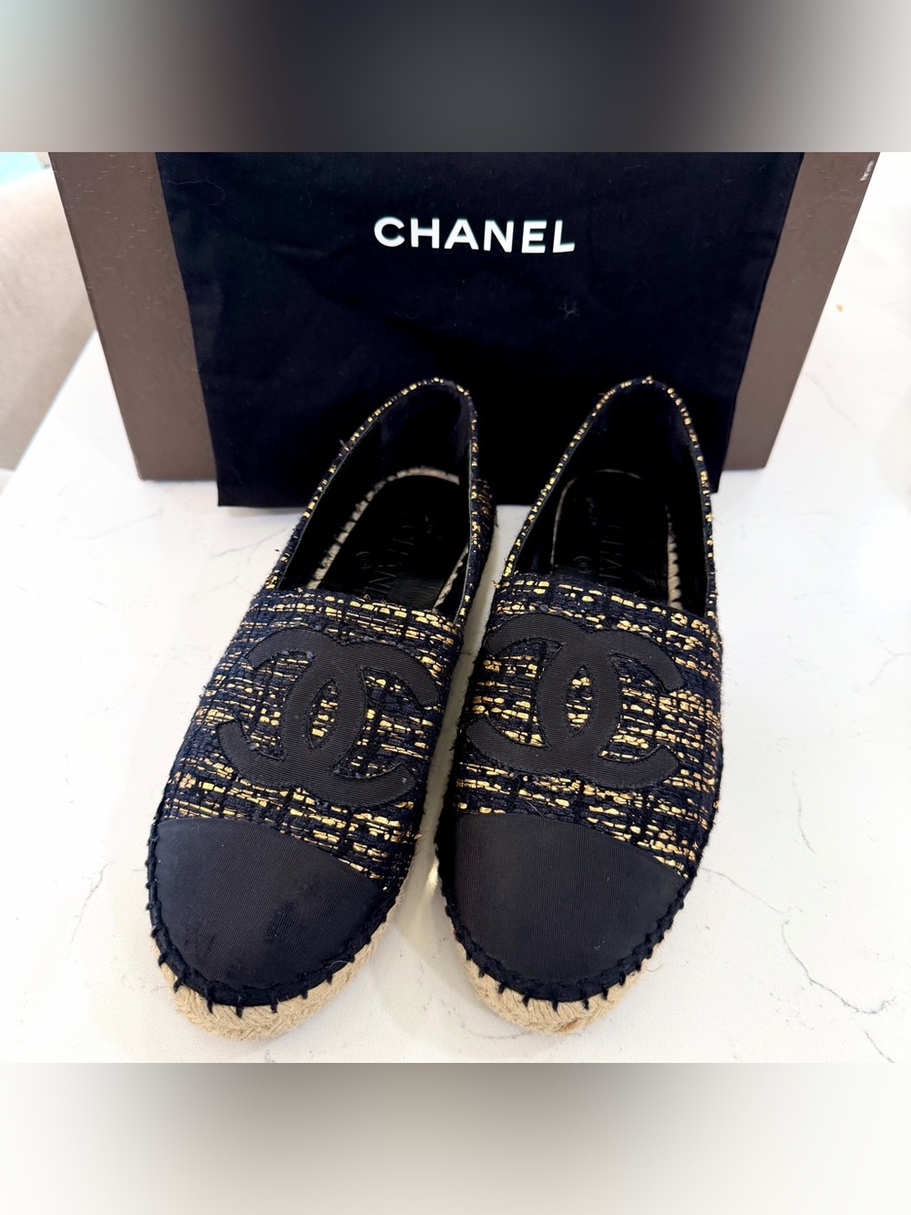 Chanel Metallic Tweed Grosgrain CC Espadrilles in Black & Gold size 38